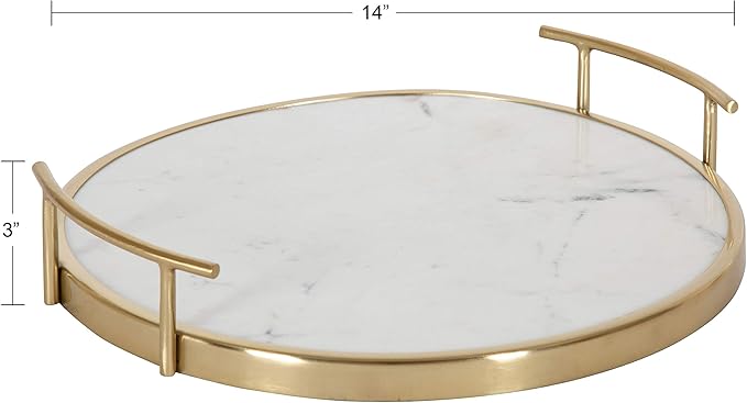 Kate and Laurel Marbury Modern Round Tray, 14 inch Diameter, White Marble and Gold, Contemporary Marble Tray for Storage and Display