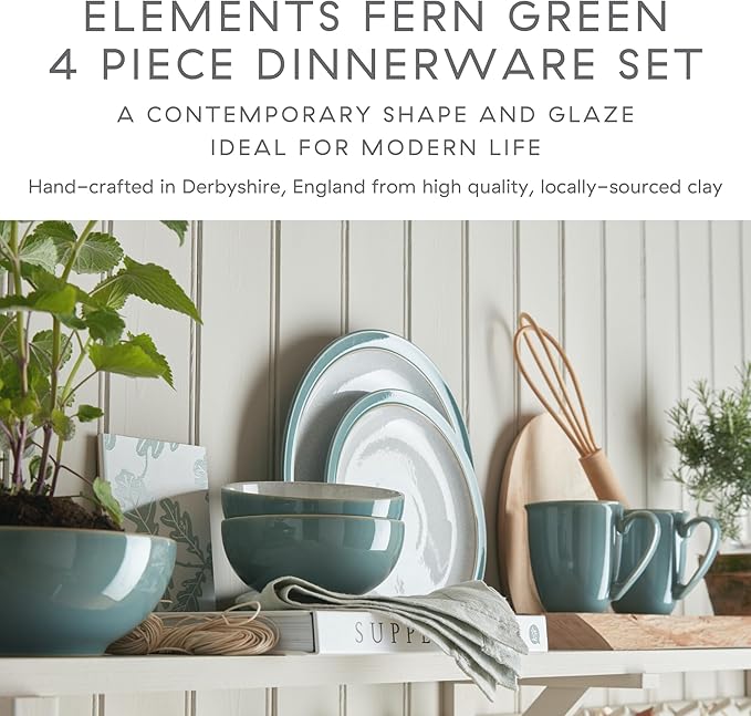 Denby - Elements Fern Green Dinner Set For 1-4 Piece Ceramic Tableware - Dishwasher Microwave Safe Crockery Single Place Setting - 1 x Dinner Plate, 1 x Small Plate, 1 x Cereal Bowl, 1 x Coffee Mug