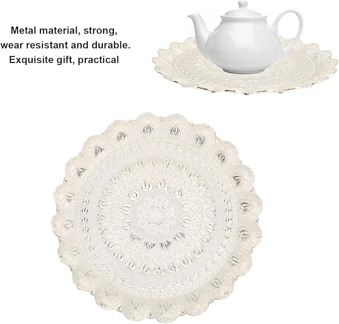 Turkish Coffee Tea Beverage Serving Tray, Round Tea Tray Decorative Tray Vintage Tray for Kitchen Bar Coffee Serving Trays, 35cm(Silver)