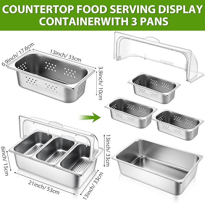 Perforated Countertop Food Serving Display Container and Clear Roll Top Cover 3 Pan Stainless Steel Food Serving Tray Buffet Condiment Dispenser Display Rack for Restaurant Hotel Kitchen Party
