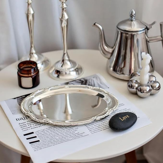 Silver Serving Tray, Oval Stainless Steel Mirror Finish Elegant Vintage Decorative Appetizer Platter, for Buffet Wedding Party (24CM)