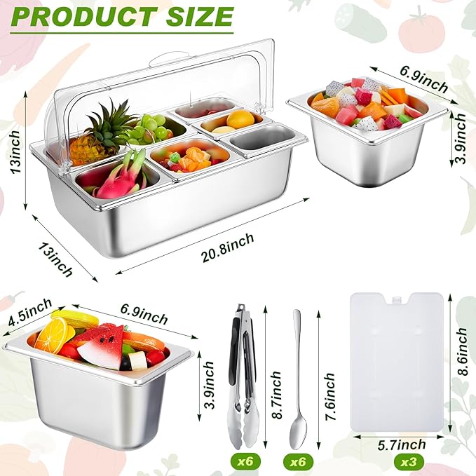 Tessco for you 16 Pcs Ice Food Spice Serving Display Countertop Chilled Condiment Container Set with Lid, Stainless Steel Salad Cold Caddy for Buffet Restaurant Kitchen Party(7 Compartments)
