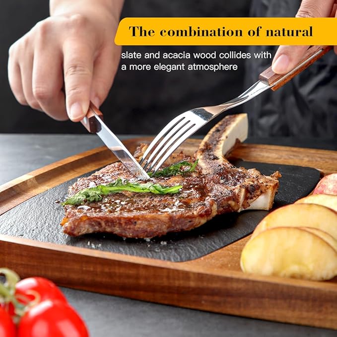 Acacia Wood Serving Plate with Sauce Cup & Removable Slate Insert for Meat Sausages Cheese, Steak Serving Tray Cutting Board Serving Platter Cheese Platter Perfect for Housewarming Christmas