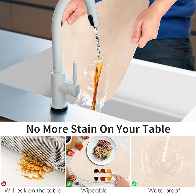 ADRIMER Placemats, Heat Resistant Round Placemats Set of 8 Washable 13 x 17 Inch, Waterproof Table Mats Wipeable for Kitchen, Dining Room Table Christmas Decor, Beige