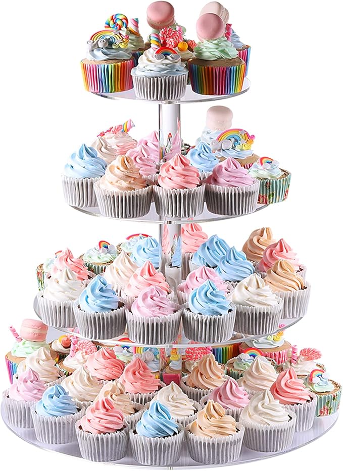 Cupcake Stand, 4-Tier Round Acrylic Cupcake Display Stand Dessert Tower Pastry Stand for Wedding Birthday Theme Party- 15.7 Inches (Transparent)