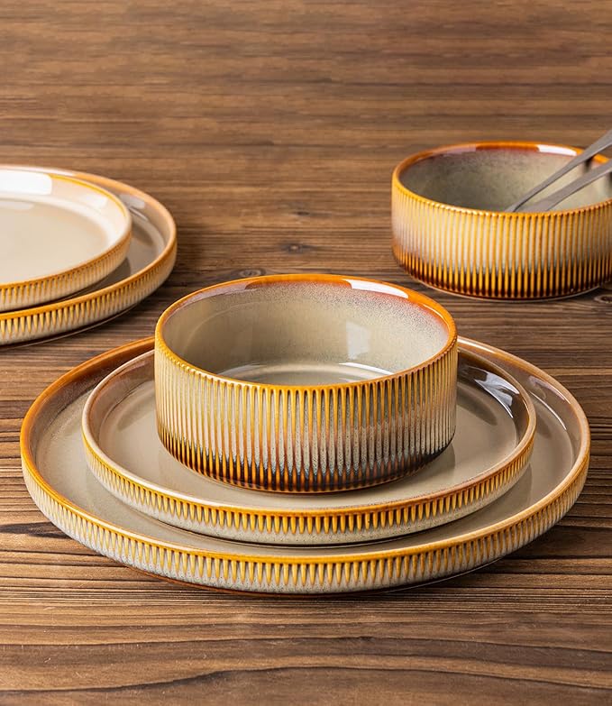 TheTerra Ceramic Dinnerware Sets for 4, 12 Pieces Porcelain Lightweight Plates and Bowls Sets, Scratch Resistant Dish Set, Oven & Microwave & Dishwasher Safe, Creamy Amber