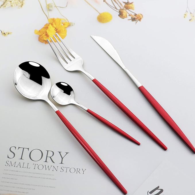 JASHII 24 Piece Titanium Red Plated Stainless Steel Flatware Set,Red Handle With Silver Mouth Utensils Set, Red With Silver Cutlery Set Service for 6 (Red Handle, Shiny Silver)