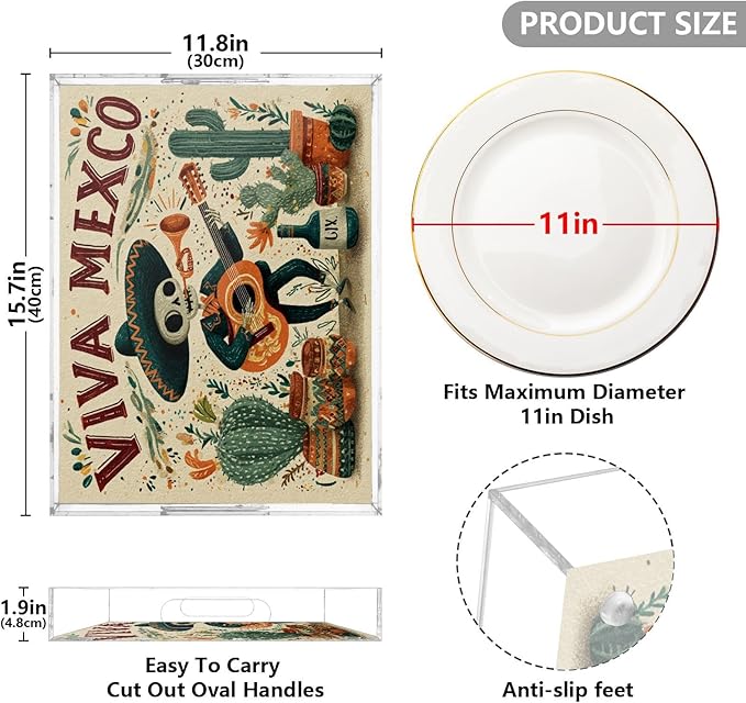 Serving Tray with Handles Clear Acrylic Tray 12x16 Inch Decorative Rectangular Tray Organizer for Ottoman Coffee Table Bathroom Mexico Skull Guitar Cactus Beige