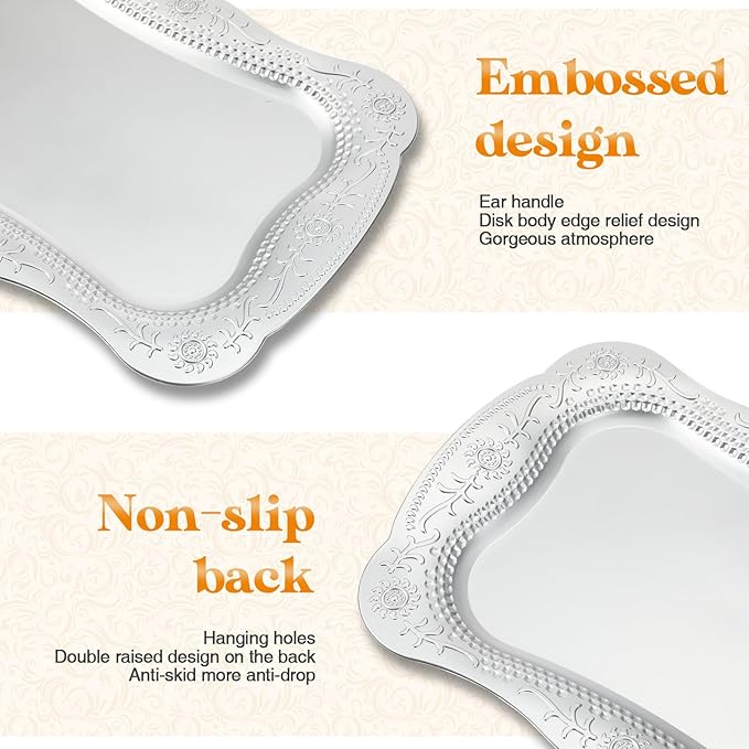 Layhit 10 Pcs Plastic Serving Trays 13" x 9" Rectangle Platters for Dessert Display Tray for Decoration Embossed Serving Platter Dish for Parties, Weddings, Engagements, Birthdays (Silver)