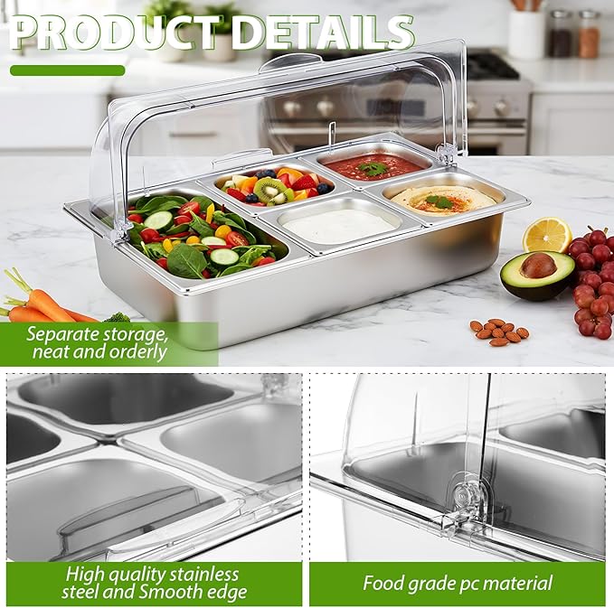 Countertop Food Serving Display Container and Clear Roll Top Cover Stainless Steel Food Serving Tray Buffet Condiment Dispenser Display Rack for Restaurant Hotel Kitchen Party (21 x 13 x 11)