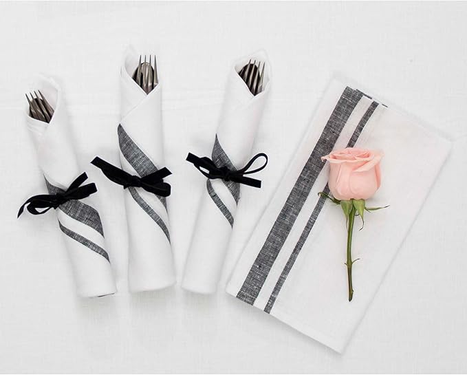 Solino Home Linen Dinner Napkins 20 x 20 Inch - 100% Pure Linen French Stripe Black and White Napkins Set of 4 for Winter, Holiday