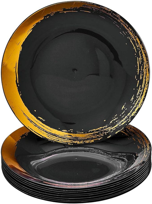 SILVER SPOONS Royalty Gold Brush Stroke Rimmed Plastic Dessert Plates for Party (10 PC) Heavy Duty Disposable Dinner Set 7.5", Fine China Look Dishes for Baby Showers, Celebrations & Events - Black