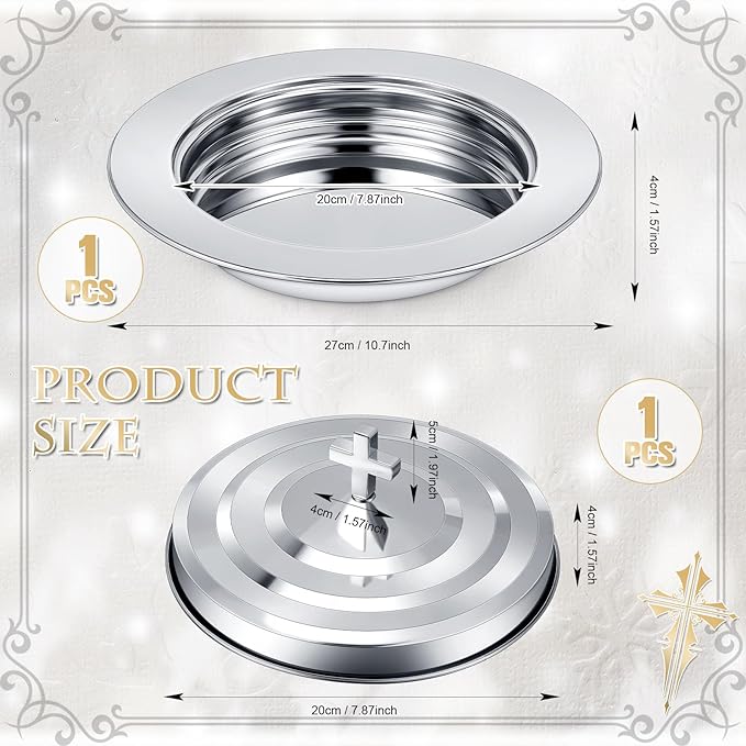 Zhehao 1 Plates Silver Communion Set, Holy Trays with Lid, Stainless Steel Bread Tray Plates for Churches, Holy Communion Tray with Cover, Polished Church Supplies Ware Sets