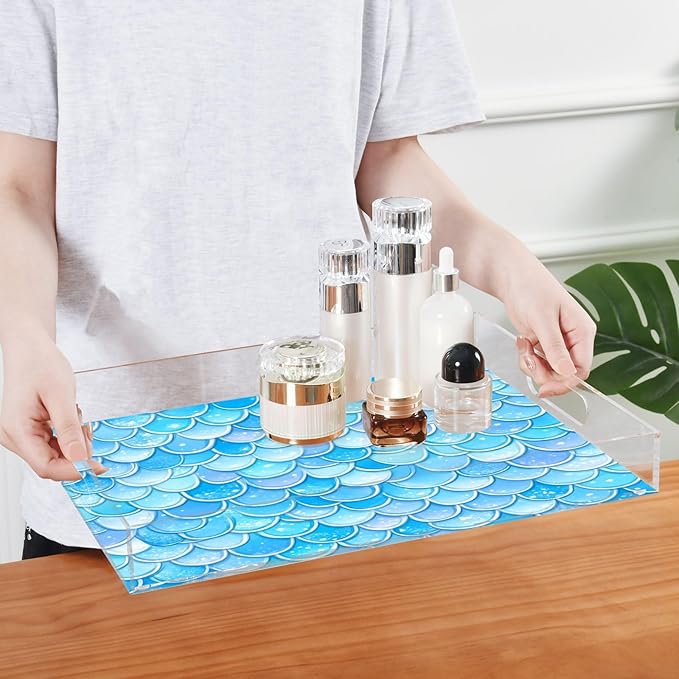 Serving Tray with Handles Clear Acrylic Tray 12x16 Inch Decorative Rectangular Tray Organizer for Ottoman Coffee Table Bathroom Blue Fish Scale Pattern