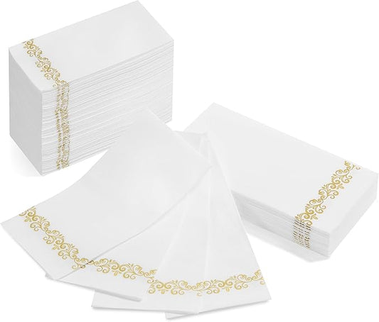 AMERICAN HOMESTEAD Disposable Hand Towels for Bathroom - Decorative Gold Vintage Design - Linen-Like Guest Napkins for Events, or Dinner Parties - Paper Towels - 15.5" x 12" - 100 Count