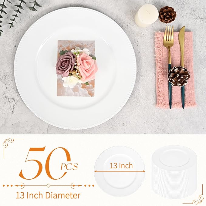 fani 50 Pcs White Charger Plates Bulk, 13'' Round Beaded Dinner Charger Plates, Plastic Reusable Vintage Table Decoration for Wedding, Party, Reception, Event, Holiday Supplies