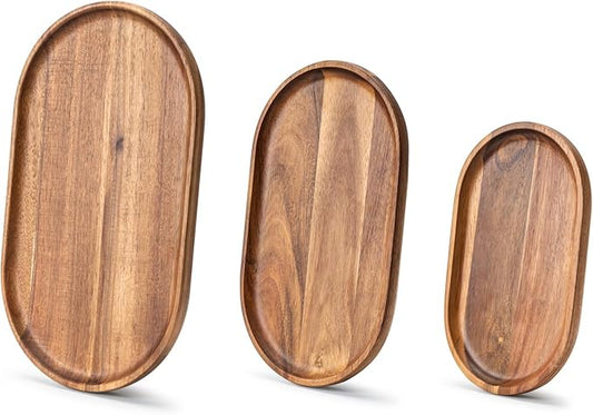 Set of 3 Wooden Tray Serving Platters Acacia Wood Serving Trays Home Decor Cheese Board Cake Plates Serving Dishes for Entertaining Kitchen Charcuterie Platter for Food Dish Dessert Snack Tray