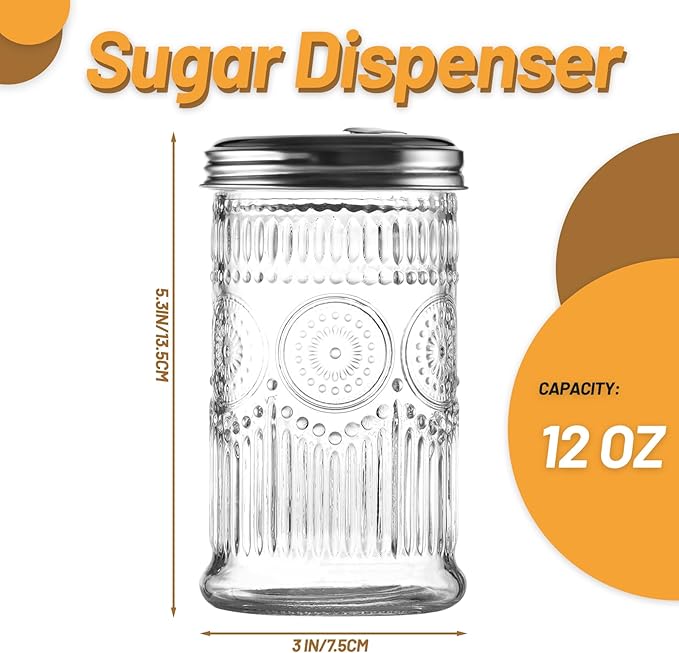 Glass Sugar Shaker Dispenser 12oz, Stainless Steel Flip Top Lid for Easy Pouring, Sugar Pourer for Sugar, Powdered Sugar, Parmesan, Cinnamon, & Spices (Sunflower)
