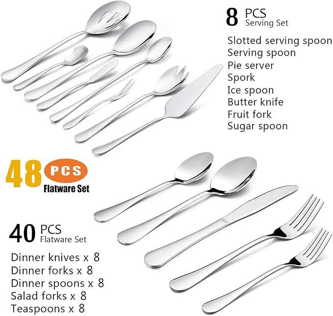 HaWare 48 Pieces Silverware Set with Serving Utensils, Stainless Steel Fancy Flatware Cutlery Set for 8, Traditional Elegant Style Tableware Eating Utensils, Mirror Polished & Dishwasher Safe