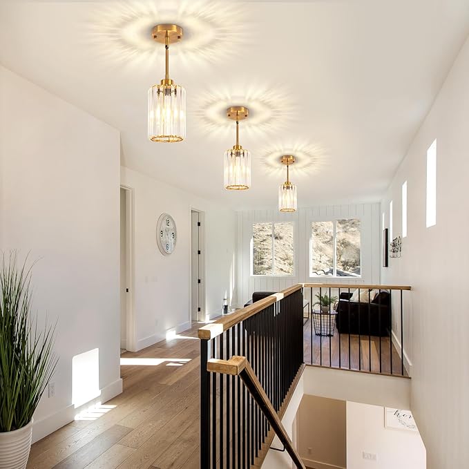 3 Pack Pendant Lights Kitchen Island, Modern Gold Crystal Pendant Light Fixtures Over Island, Mini Chandelier Hanging Pendant Lights for Kitchen Hallway Dining Room Bedroom