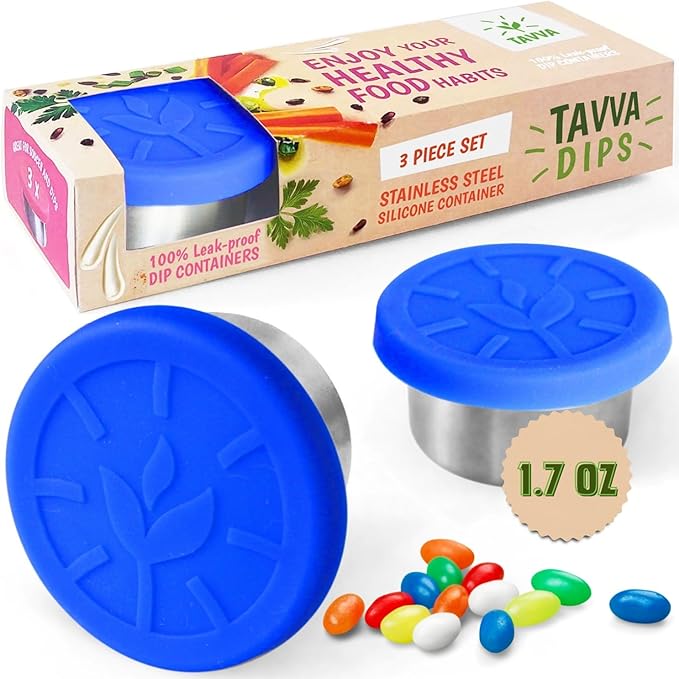 TAVVA 3 X 1.7oz Condiment Containers with Lids - Leakproof w/Silicone Lids - BPA Free - Dishwasher & Freezer Safe - Reusable Salad Dressing Container To Go - Sauce & Dip Cup for Lunchbox, Meal Prep