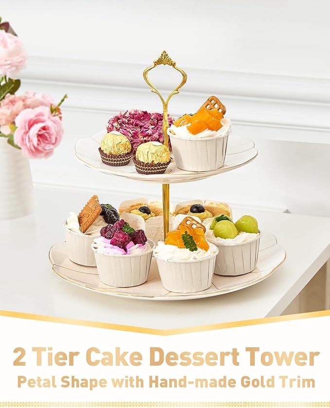 DUJUST Luxury Porcelain 2-Tier Cupcake Stand Tower, British Style Serving Tray with Golden Trim, Food Grade Dessert Display Stand, Beautiful Gift for Tea Party & Home Décor