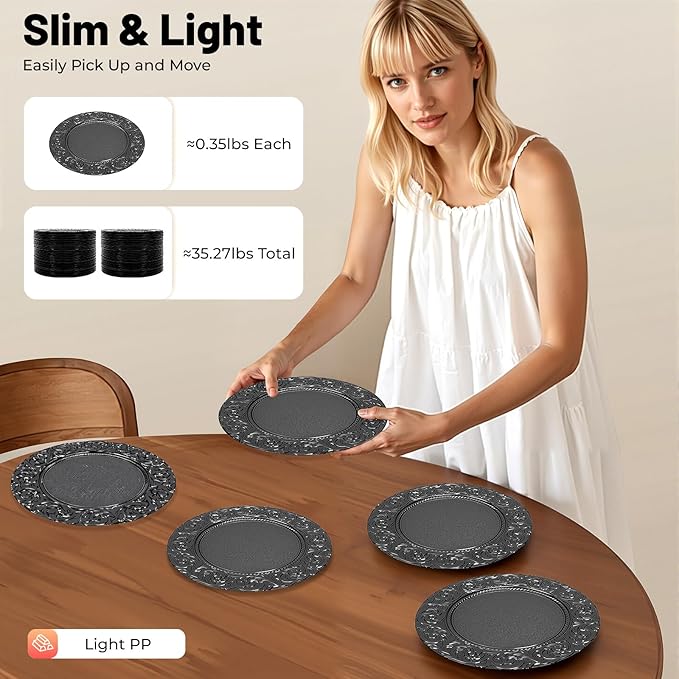 100 Pcs Antique Charger Plates Bulk Round Plastic Dinner Plate Embossed Rim Server Plate Decorative Chargers Floral Plates for Dinner Parties Wedding,13 Inch (100pcs-Black)