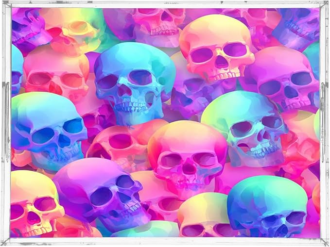 Serving Tray with Handles Clear Acrylic Tray 12x16 Inch Decorative Rectangular Tray Organizer for Ottoman Coffee Table Bathroom Gradient Multicolored Skulls
