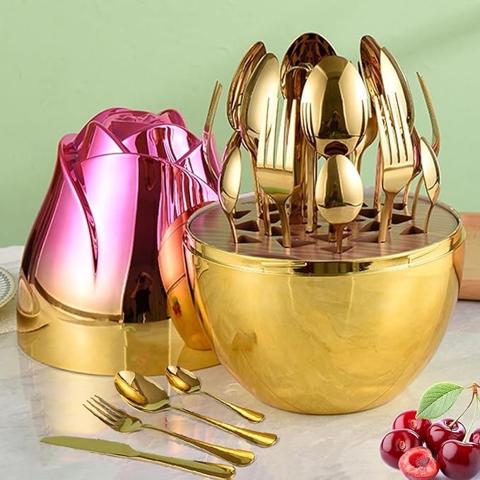 24pcs Stainless Steel Flatware Set, Rose Shape Cutlery Set, Mirror Polished Tableware Eating Utensils Set For 6, Tableware Cutlery Knife Fork Spoon Set, For Home Restaurant,Color-D