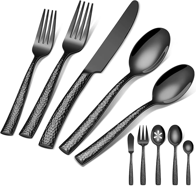25-Piece Silverware Set with Serving Utensils, Ollex Durable Stainless Steel Hammered Black Flatware Set for 4 with Knives Forks Spoons Large Serving utensil Set for Home Restaurant, Dishwasher Safe