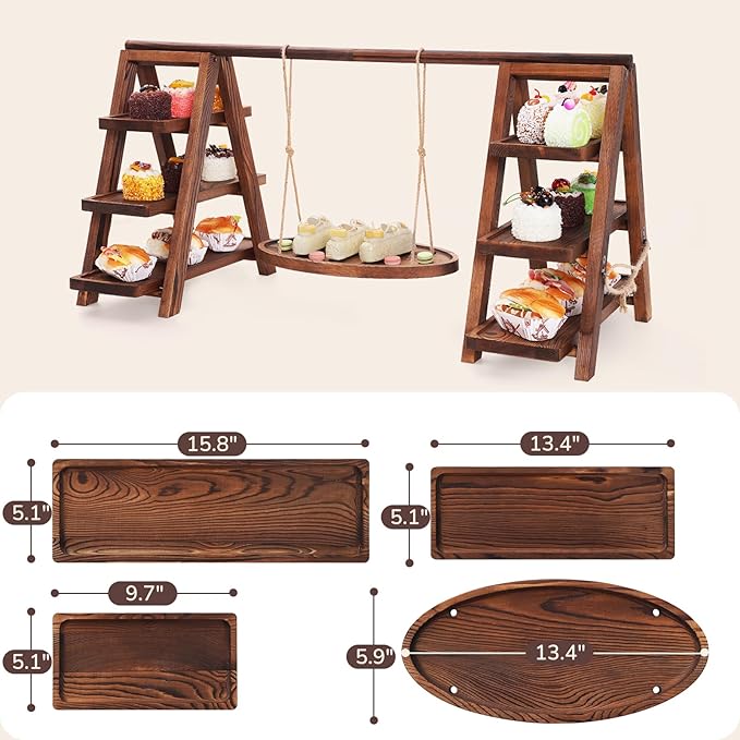 3-Tier Wooden Cupcake & Dessert Display Stand with Swing Frame – Rustic Torch-Finished Pine, Extra Wide 5.1" Trays, Pre-Assembled with Anti-Slip Pads, Party & Wedding Cake Holder
