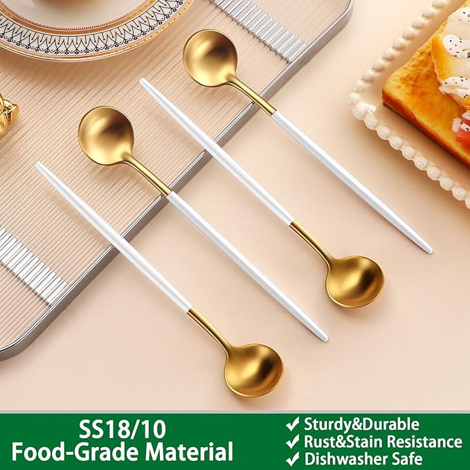 7.95 Inches Satin Gold Stainless Steel 18/10 Iced Tea Spoons With White Handle,Set Of 4 Ice Teaspoons,Long Handle Coffee Stirring Spoons,Sundae Spoon For Mixing