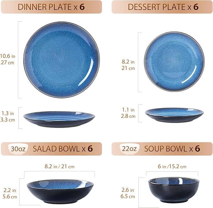 Plates and Bowls Sets for 6 - CJDC-QUELO 24-Piece Stoneware Dinnerware Sets, Ceramic Dishware Set for Indoor Kitchen Use and Formal Dining, Chip and Scratch Resistant Microwave Dishwasher Safe, Blue