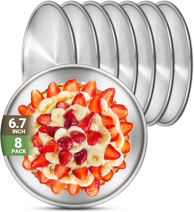 Stainless Steel Plates, 8 Set 6.7 inch 304(18/8) Metal Food Serving Plate, Reusable Snack Eating Dishes Round Shatterproof Plate Silver Dinnerware for BBQ Dinner Oven Dishwasher Safe