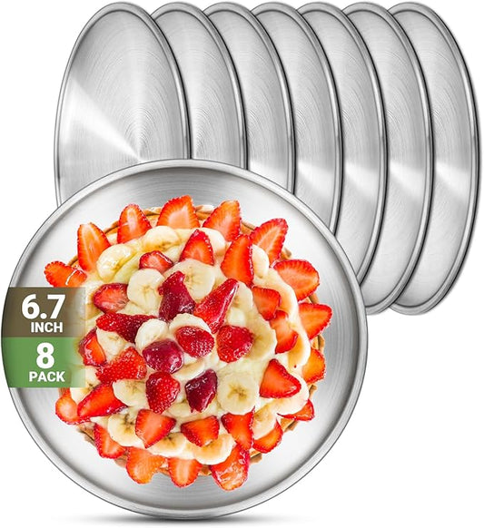 Stainless Steel Plates, 8 Set 6.7 inch 304(18/8) Metal Food Serving Plate, Reusable Snack Eating Dishes Round Shatterproof Plate Silver Dinnerware for BBQ Dinner Oven Dishwasher Safe