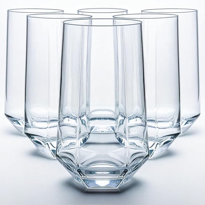 WARMEST SPIRIT Crystal Beverage Glasses- Set of 6- Hexagon Design – 16oz Beer Tumbler & Highball Glass | Modern Tall Drinking Glass for Beer, Cocktails, Iced Tea, Cold Drinks & Everyday Use