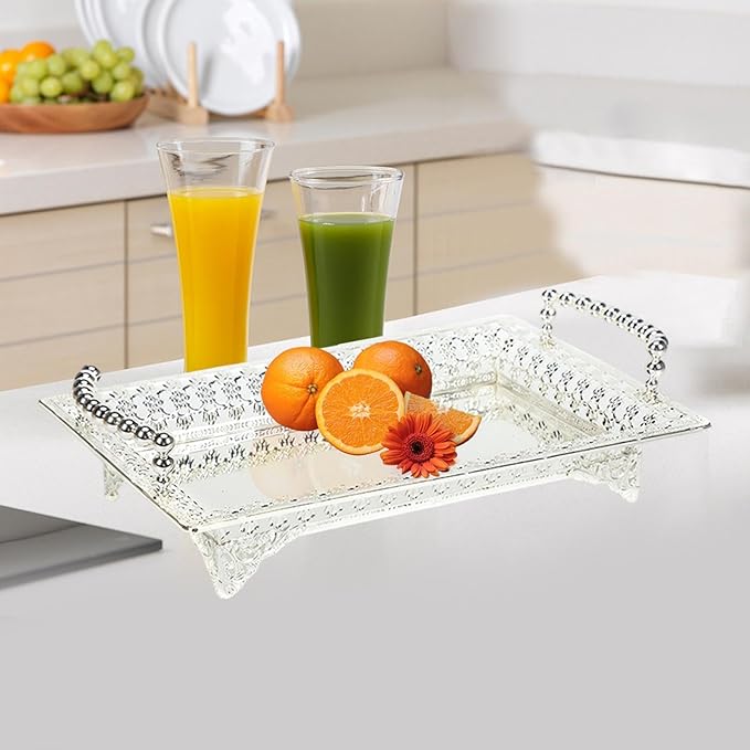 Serving Tray with Handle Dessert Cake Stand Vanity Table Tray Fruit Basket Elegant Serving Platter for Dessert, Silver