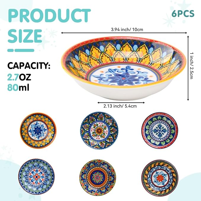Set of 6 Bohemian Style Small Ceramic Dishes - Ideal for Sauce Cups, Dip Bowls & Appetizer Plates (4 inches, 1)