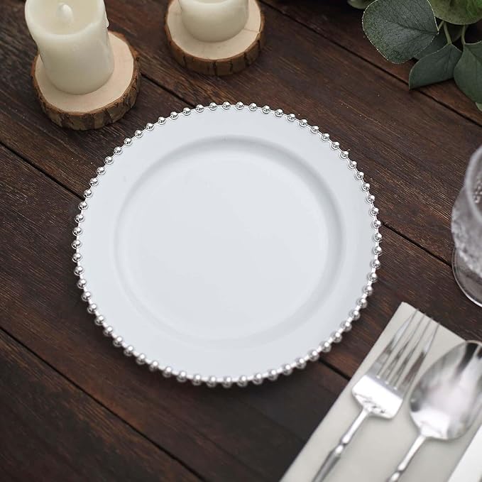 8" Salad Plates - Set of 30 - Plastic White/Silver Round Disposable Dessert Appetizer Plate Beaded Rim, Ideal for Dinner Party Wedding Bulk Events