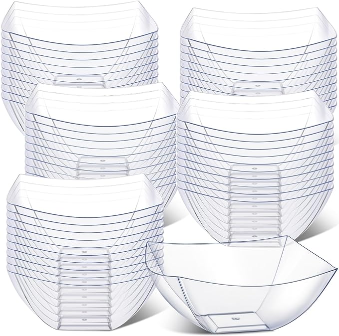 Tanlade 50 Pcs Square Plastic Serving Bowls Disposable Snack Salad Bowl Small Party Candy Bar Containers Taco Bar Serving Dishes for Buffet Chips Fruit(Clear,16 oz)