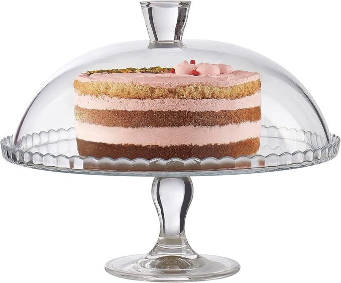 Cake Stand with Dome Lid, Glass Desert Serving Plate and Cover, Footed Pastry Display Server, 12.60 inch Wide Glass Decorative Kitchen Platter for Cupcake Cookies Cheesecake Donut