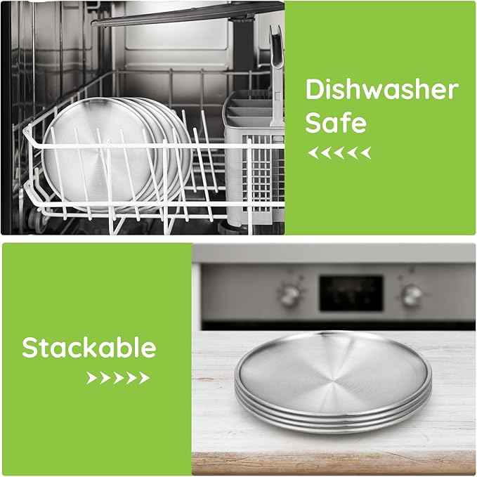 Stainless Steel Plates, 4 Set 6.7 inch 304(18/8) Metal Food Serving Plate, Reusable Snack Eating Dishes Round Shatterproof Plate Silver Dinnerware for BBQ Dinner Oven Dishwasher Safe