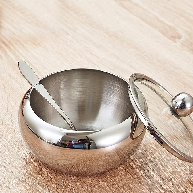 Stainless Steel Sugar Bowl with Clear Lid and Spoon, Polishing Process, Easy to Clean- 530ml/ 18 Oz
