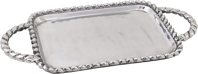 Boston International Trays Aluminum Platter with Rope Edging and Handles, Medium, Silver
