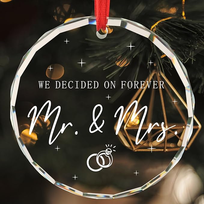 Wedding Gifts Newly Wed Gifts for The Couple We Decided on Forever Mr & Mrs Just Married Ornaments Bridal Shower Gift for Bride Christmas Tree Decoration Glass Round Ornament