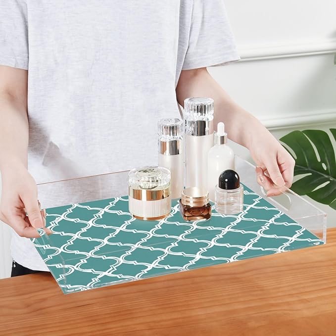 Serving Tray with Handles Clear Acrylic Tray 12x16 Inch Decorative Rectangular Tray Organizer for Ottoman Coffee Table Bathroom Teal Minimalist Quatrefoil