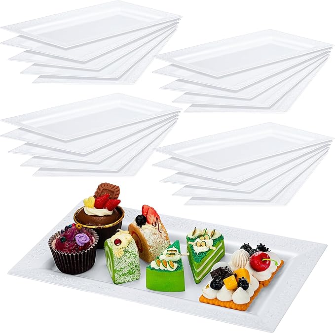Maxcheck 24 Pcs Plastic Serving Tray Platter Set 14 x 7.5 Inches Lace Rim Serving Trays for Food Dessert Fruit Cupcake Weddings Table Parties Display (White)