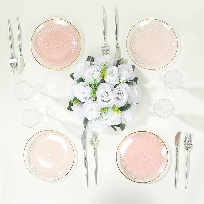 Efavormart 10 Pack | Transparent Blush Hammered 7" Round Plastic Dessert Appetizer Plates With Gold Rim, Disposable Salad Party Plate