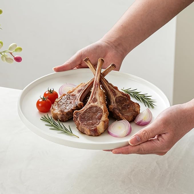 Ceramic Dinner Plates, 10.25 Inch Flat Dish Set for 4, Perfect for Family and Entertaining, Microwave & Dishwasher Safe, Dinner Dishes for Steak, Sandwiches, Pizza, Pasta, Modern White