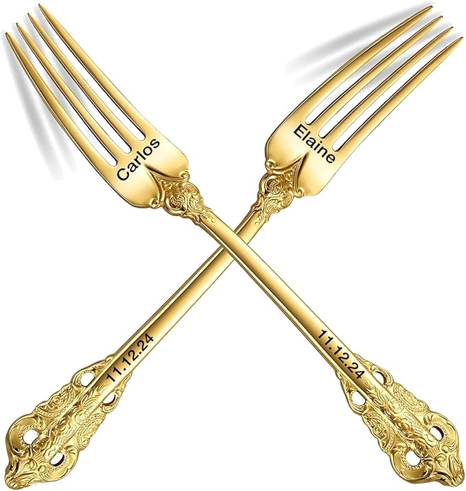[2 Pack] Personalized Vintage Wedding Forks, Custom Luxury Dinner Forks Engraved with Name/Date, Customized Antique Baroque Flatware for Dessert Cake Salad Gift for Party Favors Engagements